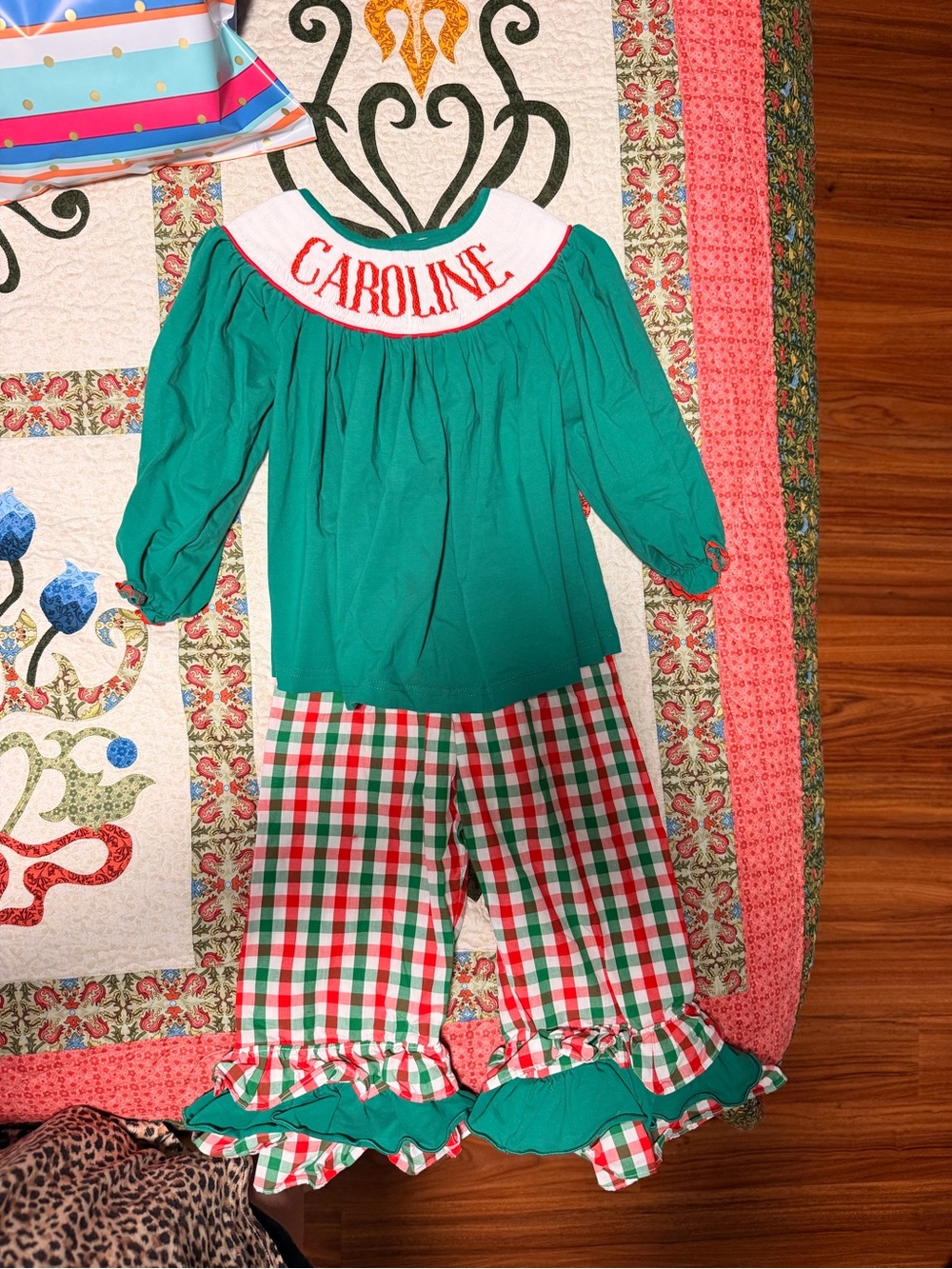 Custom Girls Green & Plaid Holiday smocked set